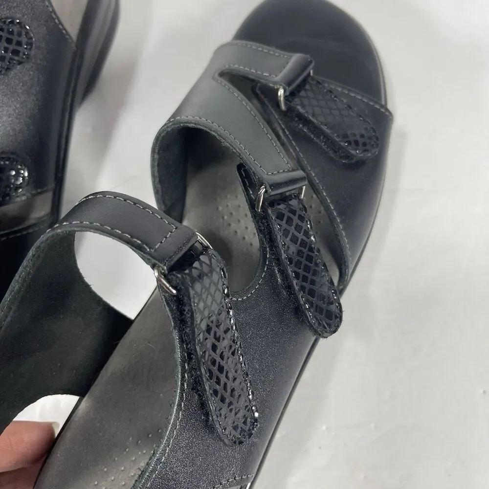 SAS Duo Women’s Black Leather Comfort Sandals Triple Strap Slides Size 8.5